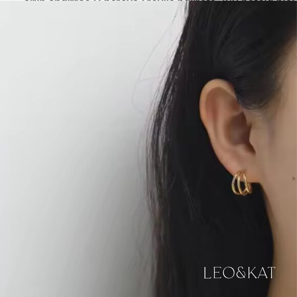 Gold Triple Loop Stud Earrings. 925 Sterling Silver. #1048 - Picture 4 of 5